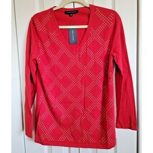 Tommy Hilfiger Women's Long Sleeve Red Sweater Gold‎ Studded Size L NWT